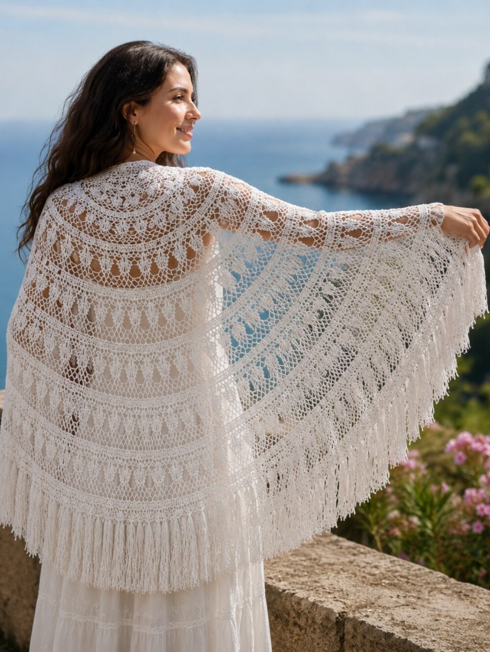Handmade Ivory Lace Crochet Fringe Shawl Wrap Boho-chic